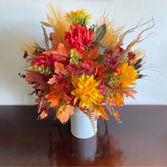 Fall Faux Floral Bouquet in White Jar With Sunflowers/Peonies - Picture 6 of 13